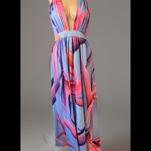 Floral statement Maxi Dress in Blue and Orange tangerine boho flowy bohemian 3Xl - Picture 3 of 7